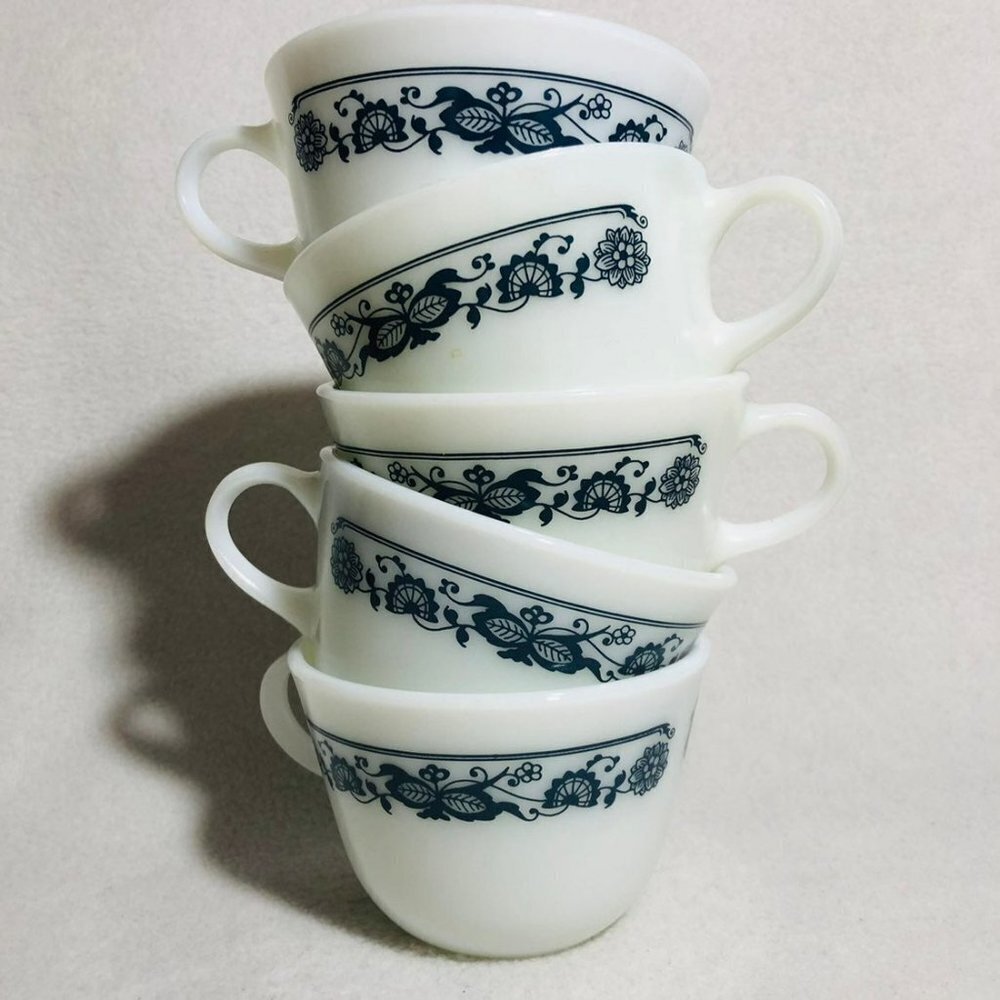 Vintage Pyrex Teacup Set Old Town Corning USA Coffee Tea Cup Blue Onion Glass